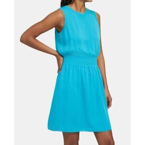 Theory Rib-Trim Dress Fiji Blue Silk Combo Women's Size L NWT w/Defect MSRP$395